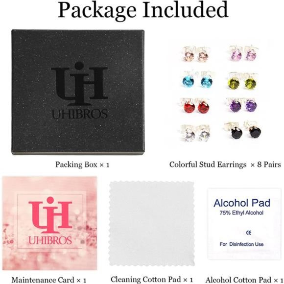 6 Pair Multi Colored Stainless Steel Earrings Set Hypoallergenic Cubic Zirconia - Picture 6 of 6